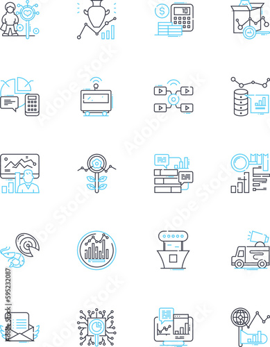 Budget strategy linear icons set. Frugality, Savings, Planning, Prioritization, Efficiency, Restriction, Consistency line vector and concept signs. Organization,Diligence,Cutbacks outline
