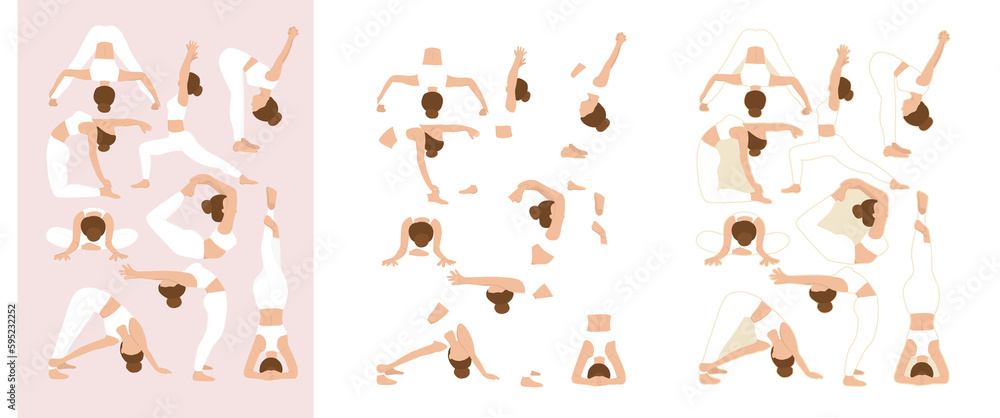 Position de yoga fait par une jeune femme, exercice de bien être. Illustration réaliste et minimaliste 