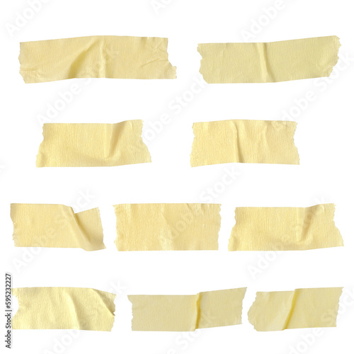 Ten strips of ripped yellow textured adhesive kraft paper / white masking tape. Can be used to attach something or used as labels to add text - isolated design element, no background
