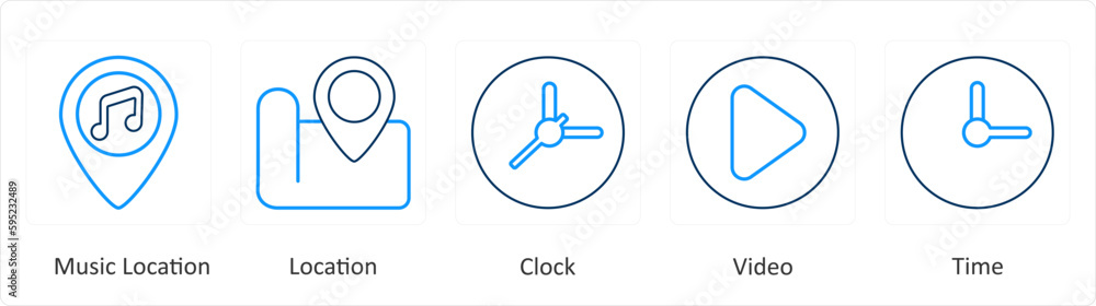 A set of 5 mix icons as music loaction, location, clock