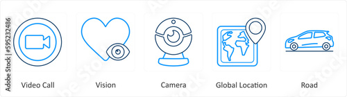 A set of 5 mix icons as video call, vision, camera