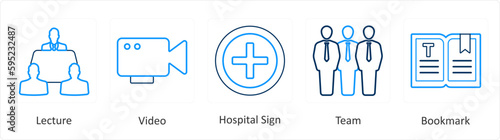 A set of 5 mix icons as lecture, video, hospital sign