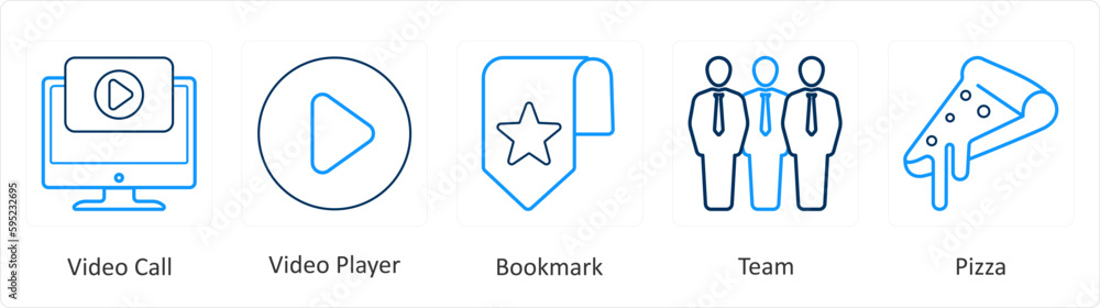 A set of 5 mix icons as video call, video player, bookmark A set of 5 mix icons as video call, video player, bookmark