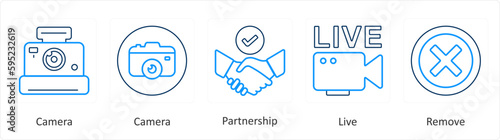 A set of 5 mix icons as camera, partnership, live