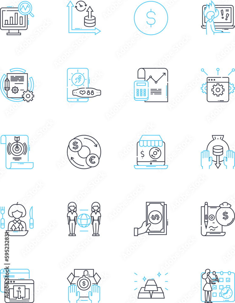 Individual finances linear icons set. Budgeting, Saving, Debt, Investing, Retirement, Credit, Income line vector and concept signs. Expenses,Frugality,Wealth outline illustrations