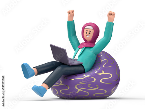 3D illustration of smiling Arab women Ghaliyah in pink sweater sit in bag chair use work on laptop pc computer with outstretched hands finish job.3D rendering on blue background.
 photo