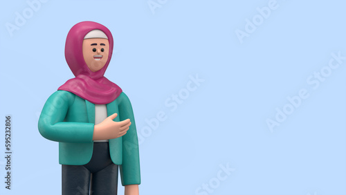 3D illustration of a smiling Arab women Ghaliyah showing hand at direction. Portraits of cartoon characters standing man pointing finger,3D rendering on blue background.
 photo