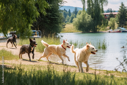 Pack of pet dogs enjoying themselves in dog park with water activities during summer. Created with Generative AI technology.