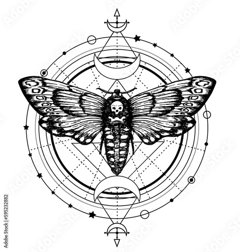 Hand-drawn moth Dead Head on the background of magical symbols and signs in a circle. Witchcraft, occult attributes, alchemical signs. Butterfly moth dead head in ethnic boho style. Vector sketch
