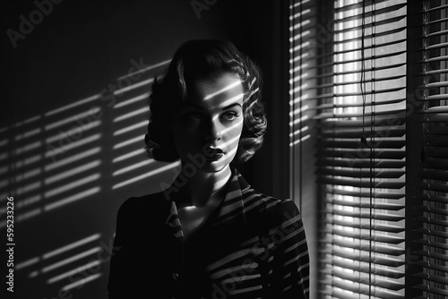 black and white portrait of a woman in style of films in noir at window with light through blinds. Generative AI