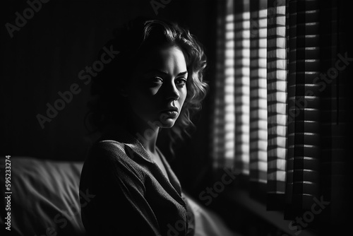 black and white portrait of a woman in style of films in noir at window with light through blinds. Generative AI