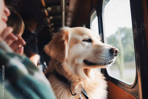 Obedient golden retriever pet dog riding in public transport train coach together with owner. Created with Generative AI technology.