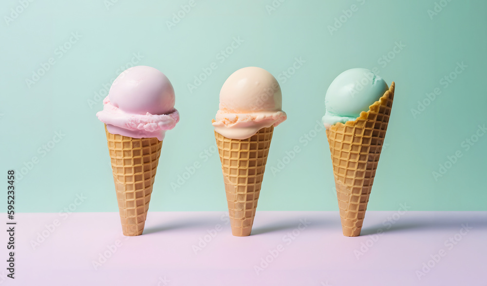 Set of three different ice cream cones in waffle cones on a green background. Generative AI Set of three different ice cream cones in waffle cones on a green background. Generative AI
