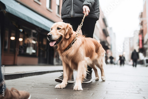 Obedient golden retriever pet dog with leash walking in busy city street with owner during summer. Created with Generative AI technology.