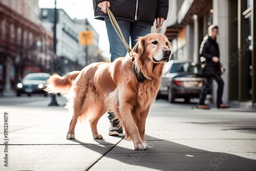 Obedient golden retriever pet dog with leash walking in busy city street with owner during summer. Created with Generative AI technology.