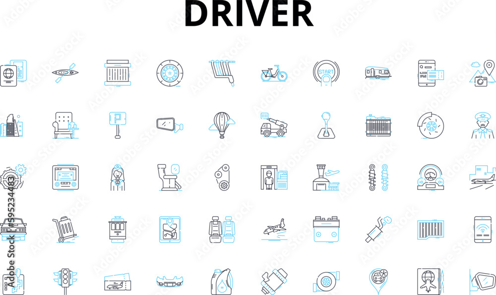Driver linear icons set. Pedal, Steering, License, Gearbox, Vehicle, Accelerate, Brake vector symbols and line concept signs. Road,Highway,Traffic illustration Driver linear icons set. Pedal, Steering, License, Gearbox, Vehicle, Accelerate, Brake vector symbols and line concept signs. Road,Highway,Traffic illustration