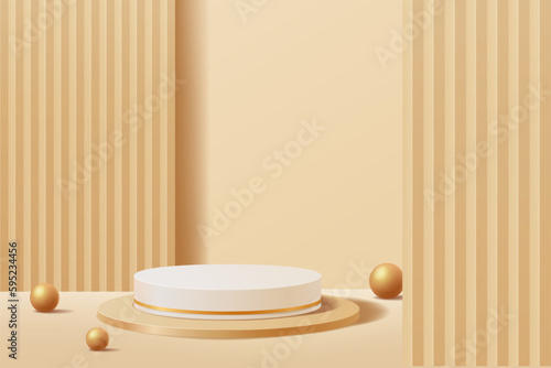 3D white and gold round podium with abstract geometric shape style background