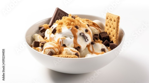 S'mores ice cream in a bowl with graham cracker pieces, chocolate chunks, and marshmallow swirls on White Background with copy space for your text created with generative AI technology photo