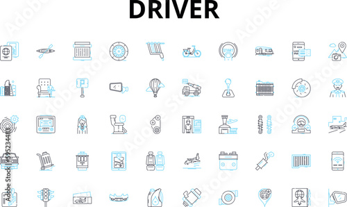 Driver linear icons set. Pedal, Steering, License, Gearbox, Vehicle, Accelerate, Brake vector symbols and line concept signs. Road,Highway,Traffic illustration