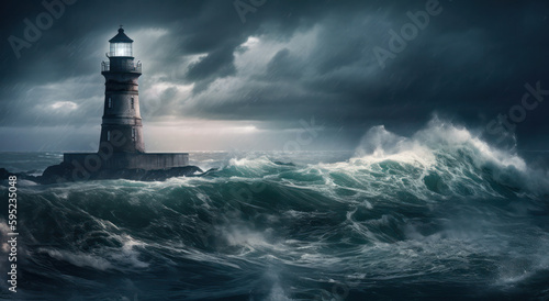 Stormy high waves over the lighthouse on a cloudy day. Generative AI © Margo_Alexa