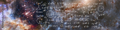 Konstfotografi mathematical formulas, graphs and drawings against the background of a cosmic s
