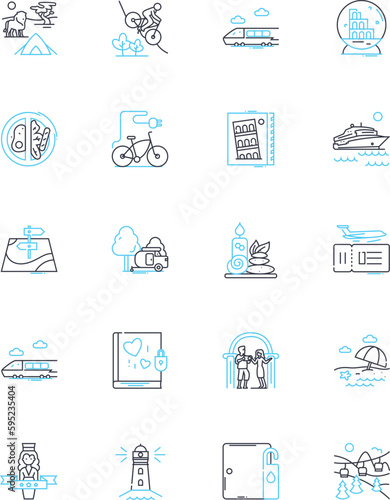 Journeys linear icons set. Odyssey, Adventure, Expedition, Exploration, Piering, Pilgrimage, Voyage line vector and concept signs. Travelogue,Trekking,Migration outline illustrations