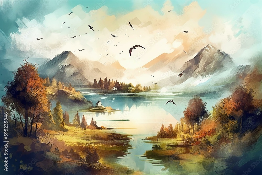 Charming mountain scenery with hills, lake, bird, clouds, in watercolor illustration poster. Generative AI