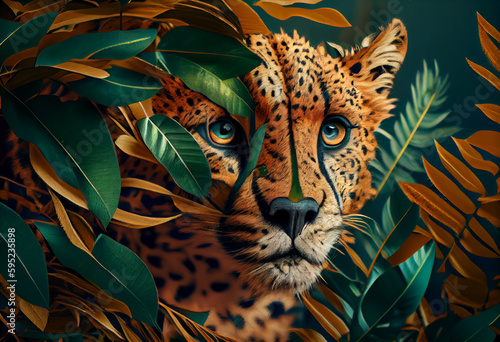 Beautiful abstract, Cheetah on autumn leaves background. Generative AI technology.
