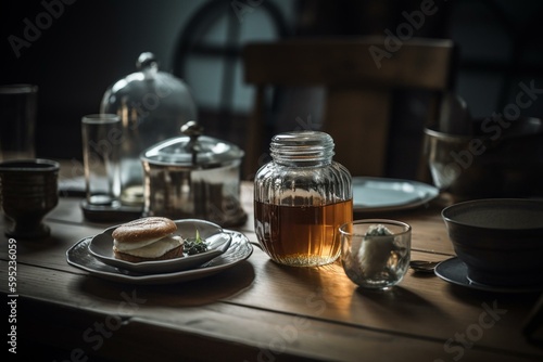 Table with liquid jar  food plate and tea cup. Generative AI