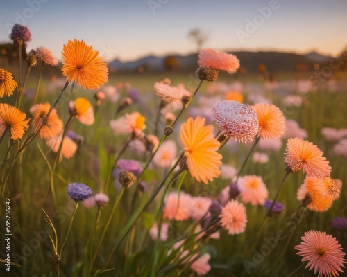 A photograph of spring nature background with fresh grass and flowers at sunset. made by Generative AI