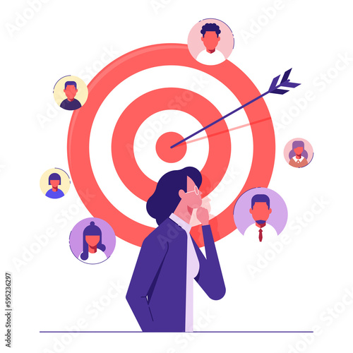 Businesswoman thinking about Customer attraction campaign, promotion, advertising. Target customer concept