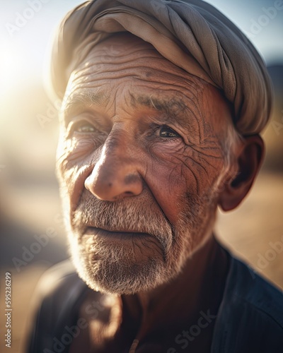 Close up Porträt eines alten Mannes mit faltigem Gesicht. Alter Mann in der Wüste. Mann mit starken Falten und Schweissperlen. KI generiert