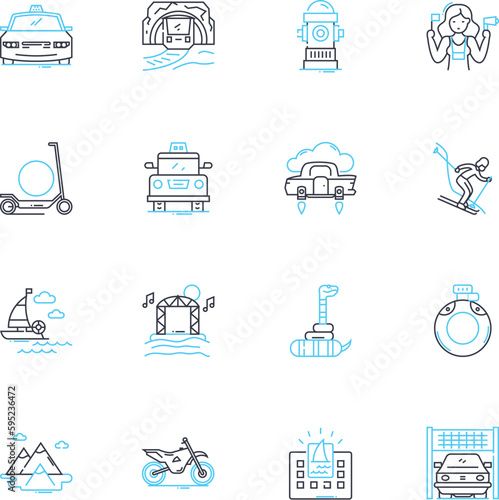 Rapid transit linear icons set. Subway, Train, Metro, Transit, Rail, Commuter, Underground line vector and concept signs. Express,Monorail,Elevated outline illustrations