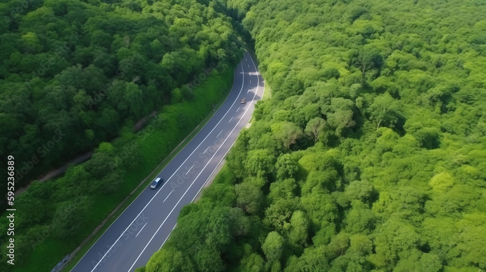 Fototapeta premium Aerial top view forest tree with car ecosystem environment concept&nbsp;Countryside road passing through the green forrest and mountain.