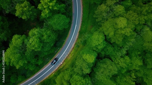 Aerial top view forest tree with car ecosystem environment concept Countryside road passing through the green forrest and mountain. © aporn