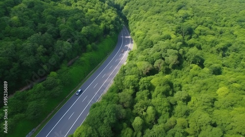 Aerial top view forest tree with car ecosystem environment concept  Countryside road passing through the green forrest and mountain.