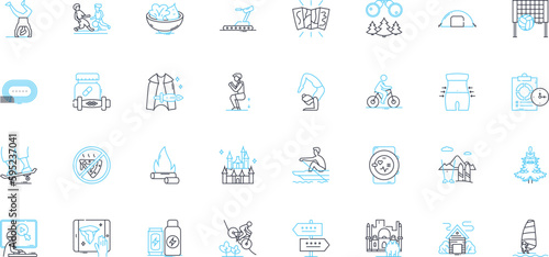 Adventure trips linear icons set. Expedition, Trekking, Safari, Rafting, Camping, Hiking, Mountaineering line vector and concept signs. Climbing,Bungee,Zipline outline illustrations