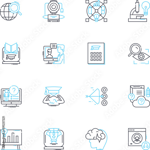 Virtual classes linear icons set. Virtuality, E-learning, Technology, Distance, Connectivity, Collaboration, Innovation line vector and concept signs. Modernity,Flexibility,Productivity outline
