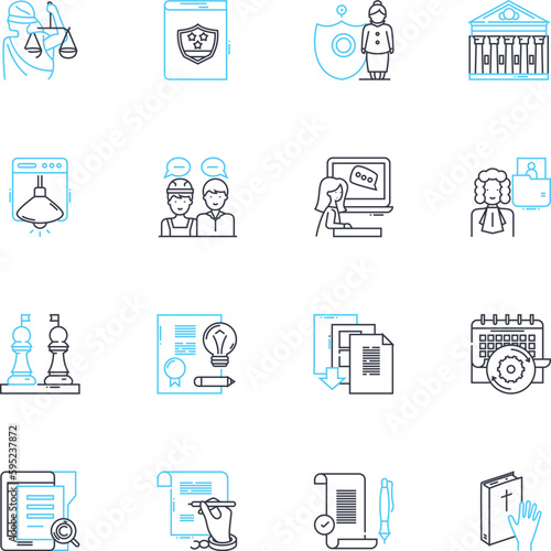 Legal entitlements linear icons set. Rights, Privileges, Benefits, Protections, Claims, Immunities, Liberties line vector and concept signs. Entitlements,Authority,Approval outline illustrations