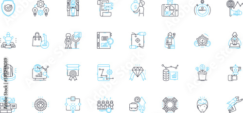 Sales pitch linear icons set. Persuasion, Promotions, Convincing, Techniques, Influence, Compelling, Proposition line vector and concept signs. Value,Benefits,Proposition outline illustrations