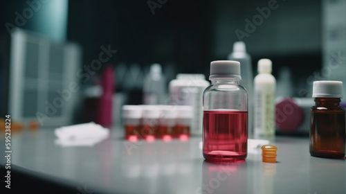 Close-up of a bottle of medicine with a white laborator , Generative AI