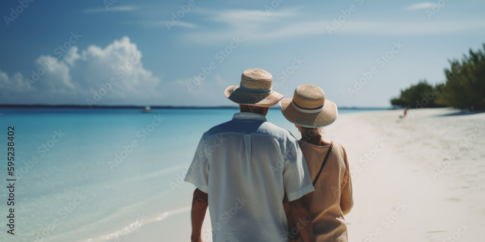 Happy mature couple holding hands and walking on the beach, generated ai