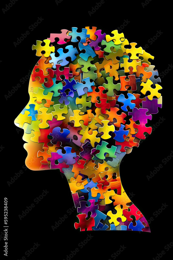 silhouette of a person in colorful puzzle pieces- Generative AI silhouette of a person in colorful puzzle pieces- Generative AI