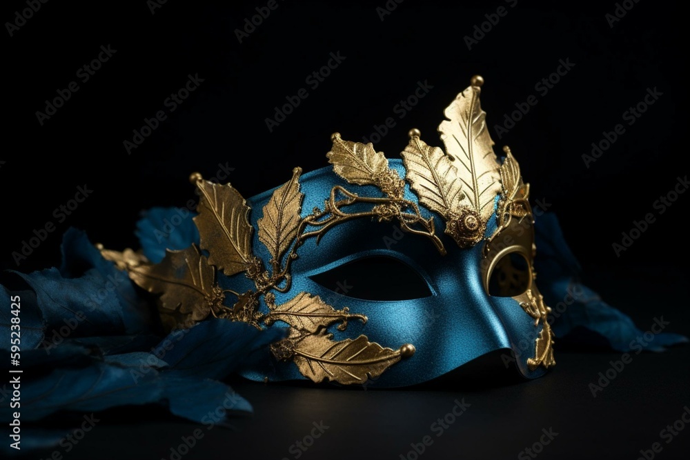 A blue and gold masquerade mask with gold leaves on black background