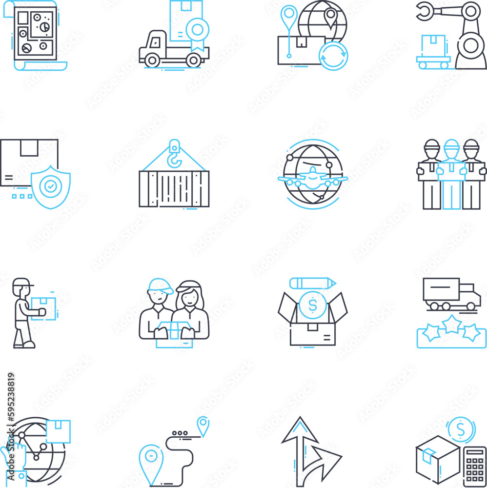 Transportation services linear icons set. Logistics, Shipping, Delivery, Hauling, Dispatch, Shipment, Transit line vector and concept signs. Carriage,Freight,Moving outline illustrations