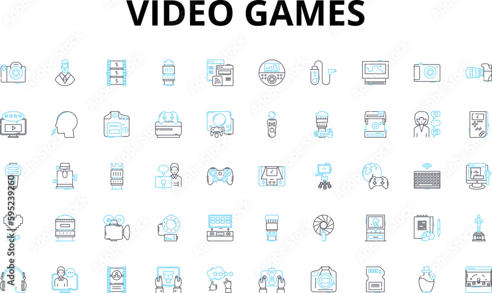 Video games linear icons set. Adventure, Console, eSports, Fun, Gaming, Graphics, Immersive vector symbols and line concept signs. Innovation,MMO,Multiplayer illustration
