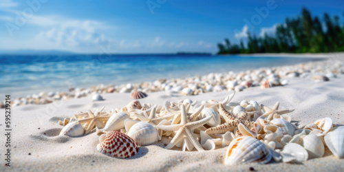 Beautiful sand beach with starfishes and shells AI generative art