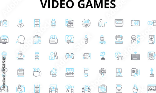 Video games linear icons set. Adventure, Console, eSports, Fun, Gaming, Graphics, Immersive vector symbols and line concept signs. Innovation,MMO,Multiplayer illustration