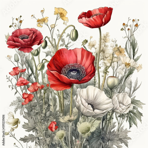 hand painted wildflowers poppies rose white background , Generative AI