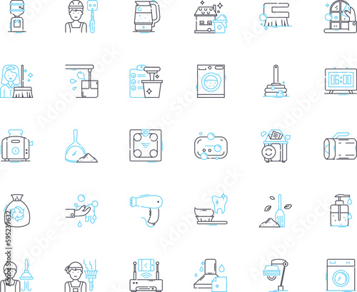 Janitorial business linear icons set. Cleaning, Maintenance, Sanitization, Disinfection, Sweeping, Mopping, Vacuuming line vector and concept signs. Scrubbing,Dusting,Polishing outline illustrations